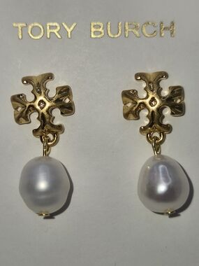 Tory Burch Goldtone Logo Drop Earrings Faux Pearl Dangle Stud